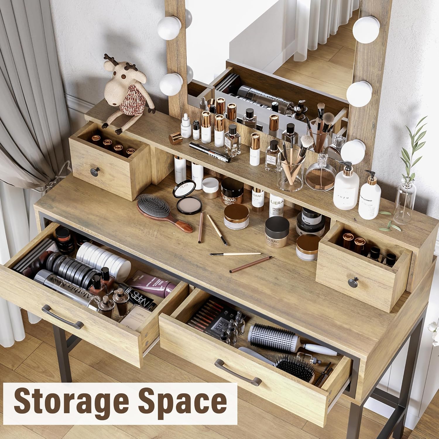 SUNVIVI Vintage Vanity Desk with Lighted Mirror, 40' Large Dressing Makeup Vanity Table with 4 Drawers, 3 Color Lighting Modes & 10 Brightness, Dressing Table with Metal Frame for Woman Adult Bedroom