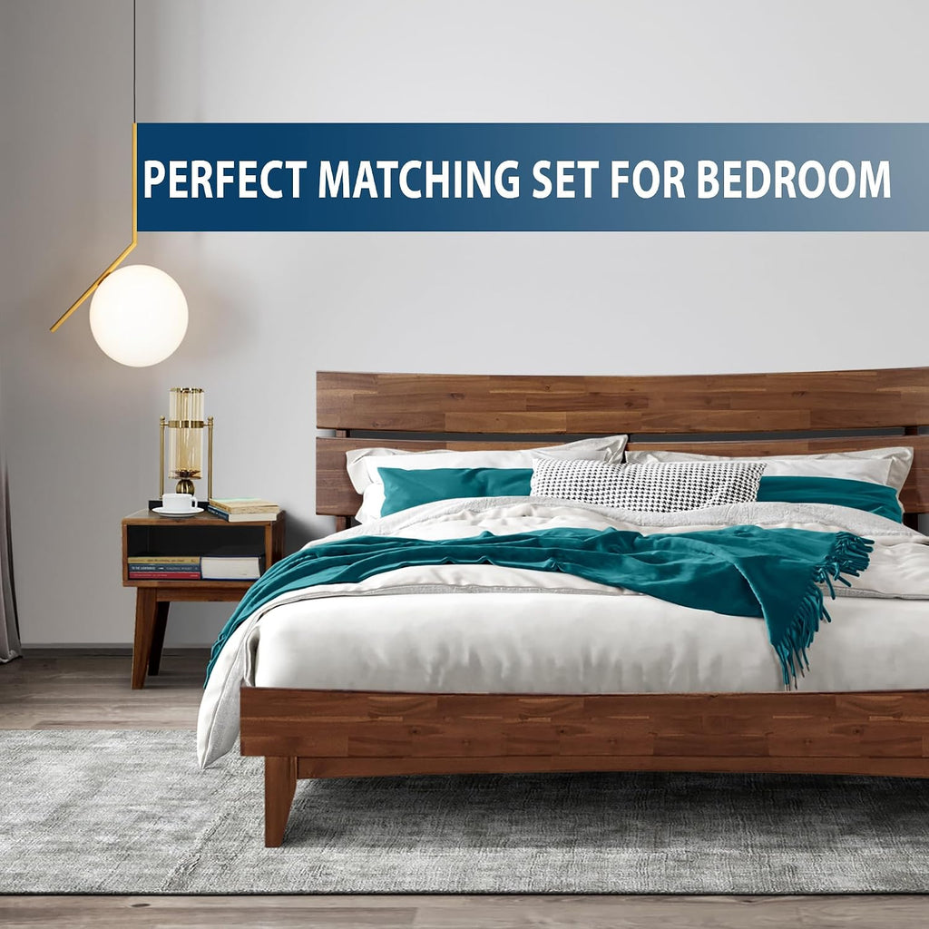 Acacia Aurora Queen Solid Wood Bed Frame with Headboard – Gift Matching Nightstand Included, Mid-Century Modern Farmhouse, Walnut Finish, 800 lbs Capacity, Sturdy, No Box Spring, Easy Assembly