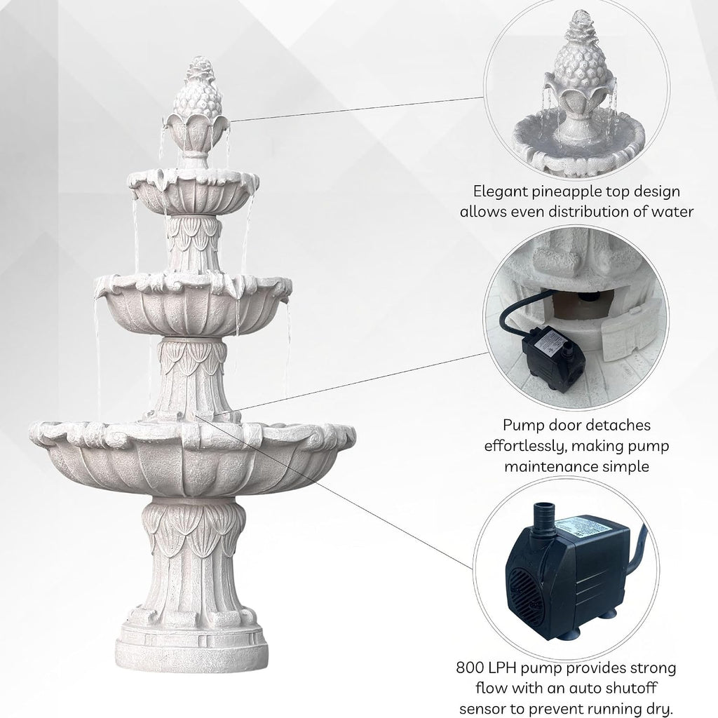 XBrand 58.3' 3-Tier Outdoor Freestanding Water Fountain - Classic Leaf Design, White Resin, Large Bird Bath with Pump - Ideal for Yard, Lawn and Garden, Porch Décor