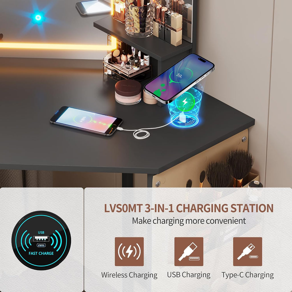 LVSOMT Corner Vanity Desk with Mirror and Lights, Makeup Vanity with Charging Station, Dressing Table with 3 Lighting Options, Vanity Set with Stool, Women's Vanity for Bedroom, Black