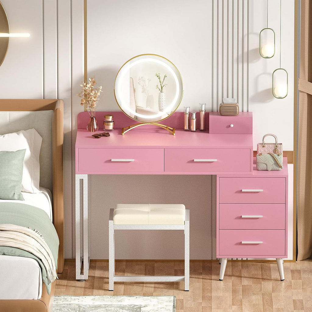 Armocity Pink Vanity Desk with Mirror and Lights, Modern Makeup Vanity Table Set with 6 Storage Drawers and Cushioned Stool for Bedroom, Dressing Table with Divided Organizers for Women Girls, Pink