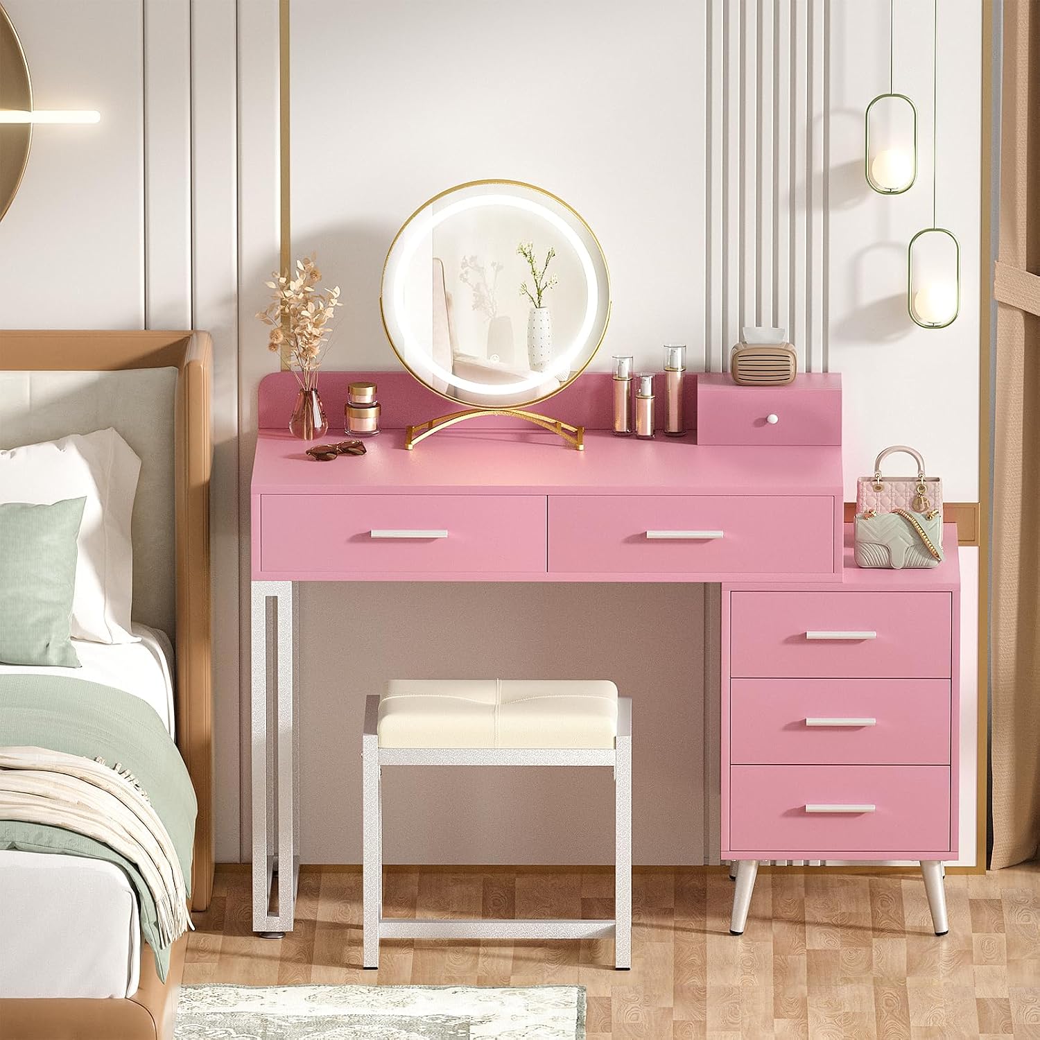 Armocity Pink Vanity Desk with Mirror and Lights, Modern Makeup Vanity Table Set with 6 Storage Drawers and Cushioned Stool for Bedroom, Dressing Table with Divided Organizers for Women Girls, Pink