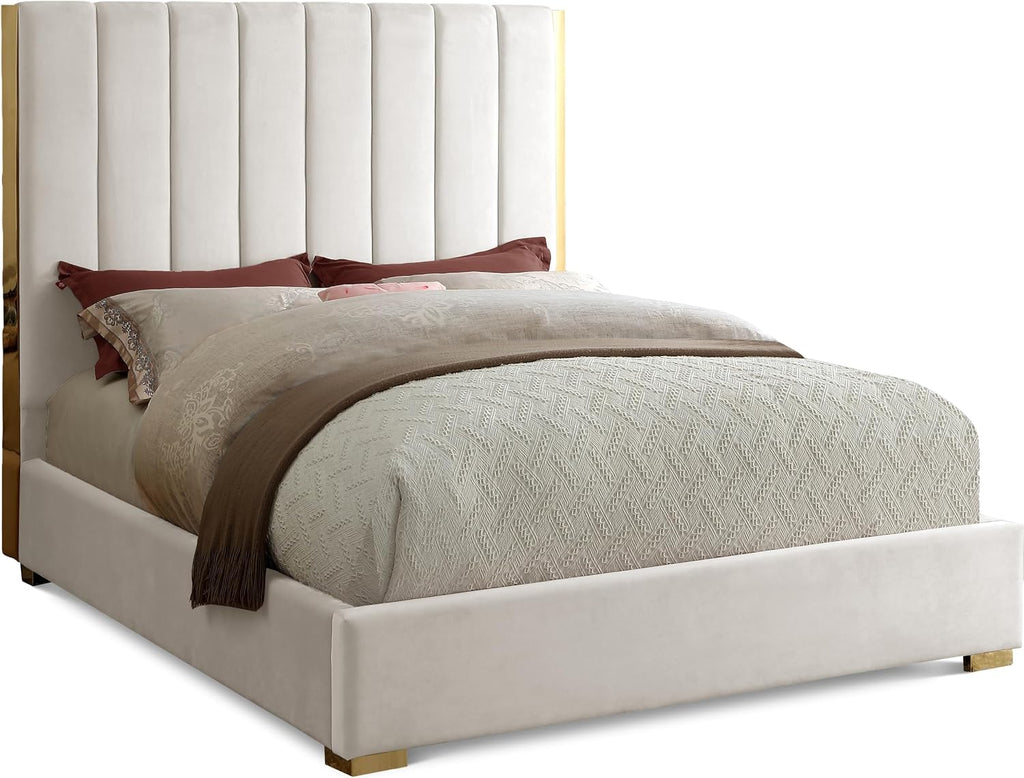 Meridian Furniture Becca Collection Modern | Contemporary Velvet Upholstered Bed with Deep Channel Tufting and Polished Gold Metal Frame, Cream, Queen