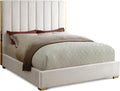 Meridian Furniture Becca Collection Modern | Contemporary Velvet Upholstered Bed with Deep Channel Tufting and Polished Gold Metal Frame, Cream, Queen