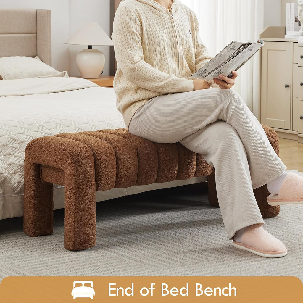 43' Upholstered Boucle Bench Bedroom, Padded Ottoman Bench, Sherpa Window Seat for Living Room Entryway End of Bed, Rust Brown