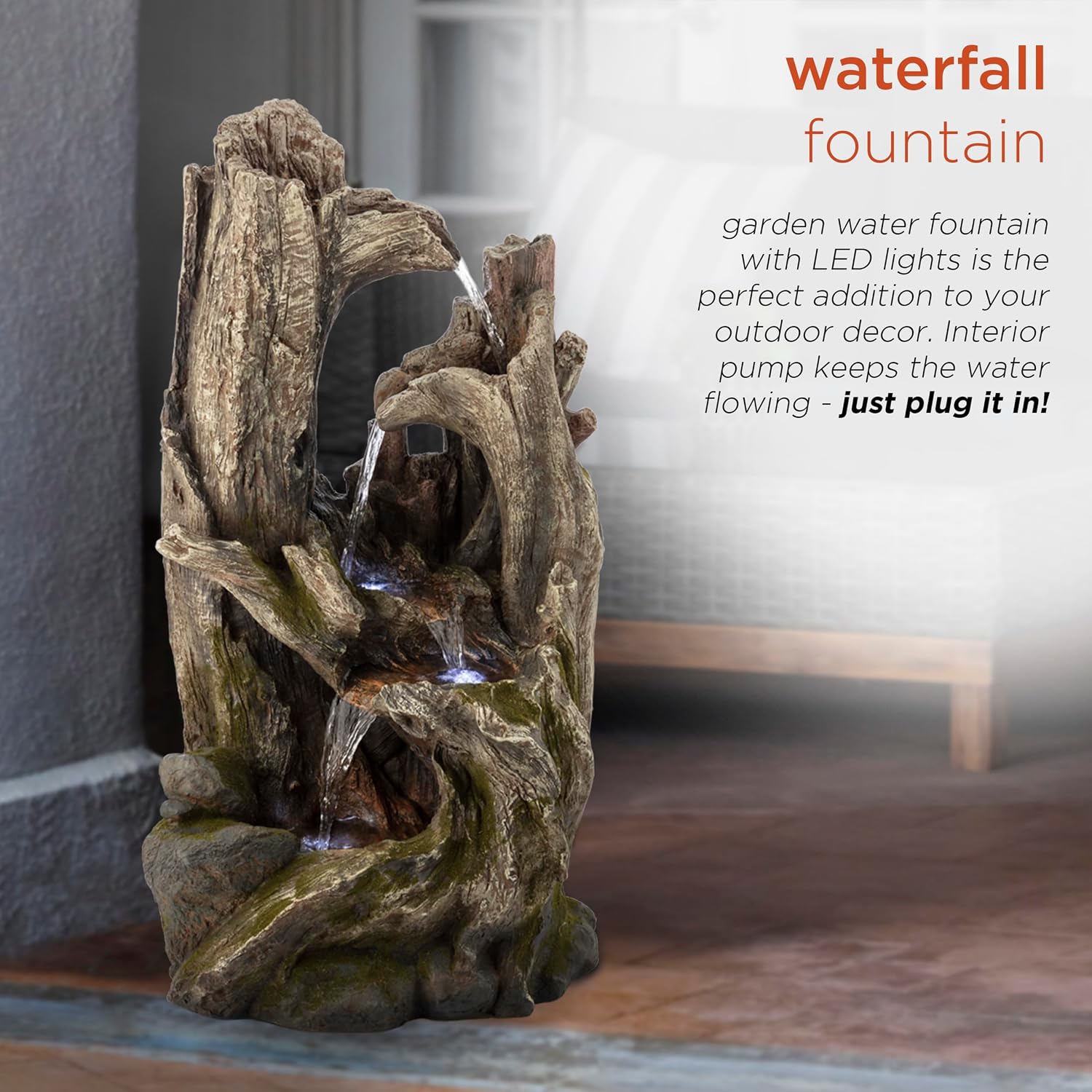 Alpine Corporation 40' Tall 4-Tier Rainforest Tree Trunk Waterfall Fountain with LED Lights, Outdoor Garden, Patio, Yard, and Porch Water Feature Decor