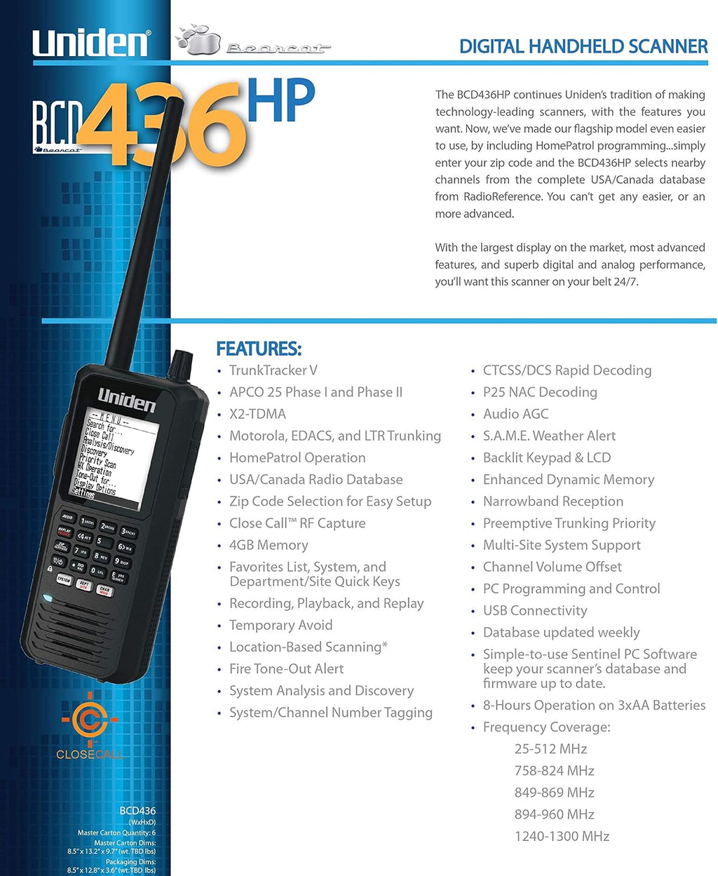 Uniden BCD436HP HomePatrol Series Digital Handheld Scanner. TrunkTracker V, Simple Programming, S.A.M.E. Emergency/Weather Alert, Covers USA and Canada