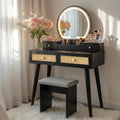Brafab Small Vanity Desk with Stool for Bedroom, Boho Rattan Compact Makeup Vanity Table with 3 Modes Adjustable LED Mirror, 31' Space Saving Dressing Table Vanity Set, Black