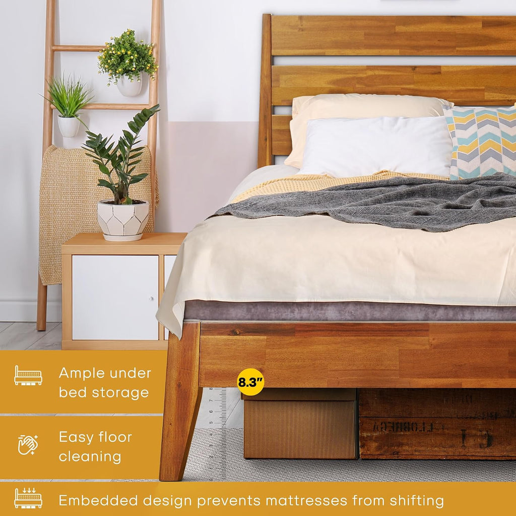 Acacia Emery Bed Frame with Headboard 100% Solid Wood Platform Bed, Mid Century Modern Wood Bed Compatible with All Mattresses, Non-Slip and Noise-Free, 30 Mins Assembly, King Size Bed Frame, Caramel