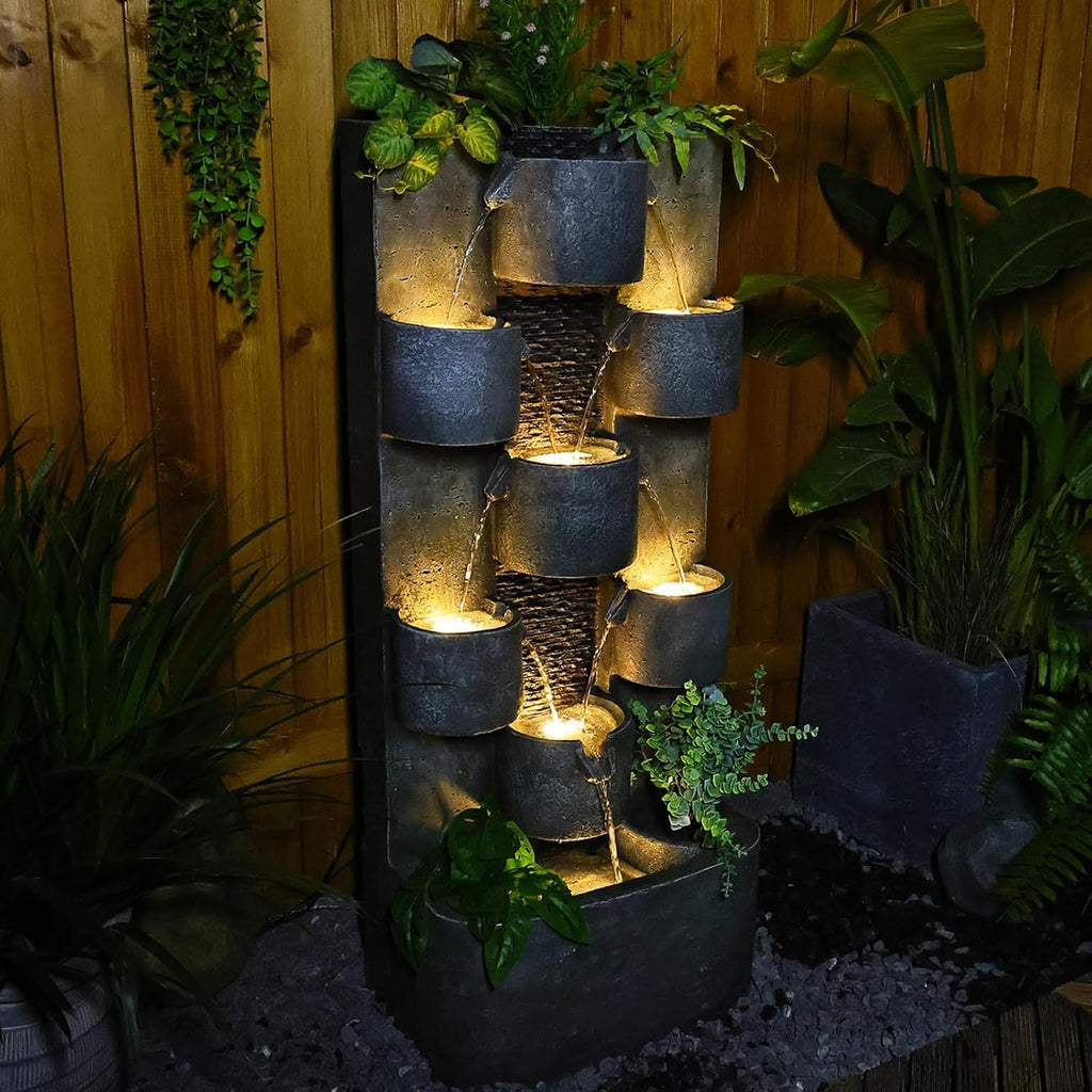 Tankana Outdoor Water Fountain Garden - Waterfall Large Water Feature Fountains with LED Lights & Pump, Concrete Artistry for Patio Yard Pool Home Decor, (45 inches Tall, Gray)