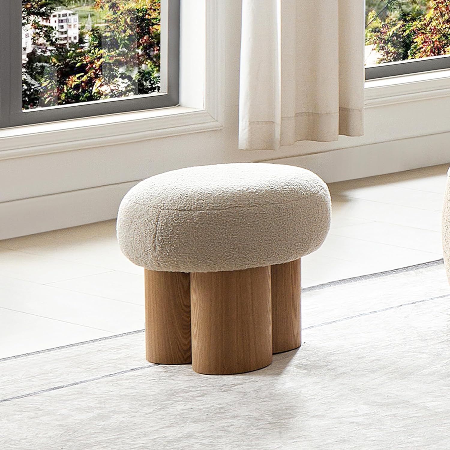 Mushroom Ottoman Stool with Teddy Fabric Upholstery, Round Foot Rest Seat, Walnut Veneer Look Barrel Base, Accent Vanity Seating for Entryway Living Room Bedroom Sofa Side Corner Decor (Greige)