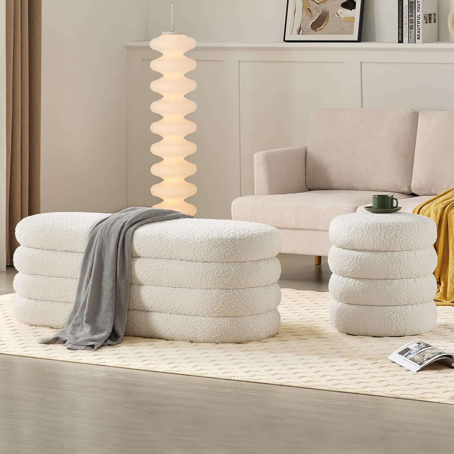 Busaurus Storage Ottoman Bench 49.2 Inch Upholstered Fabric Storage Bench for Bedroom End of Bed Aesthetic Large Oval Ottoman for Living Room Entryway (Ivory)