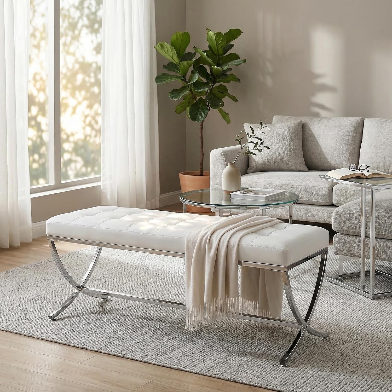 LukeAlon Modern PU Leather Dining Bench, Button Tufted Ottoman Bench with X-Shape Chrome Finish Upholstered End of Bed Bench Comfy Entryway Bench for Bedroom Kitchen, White