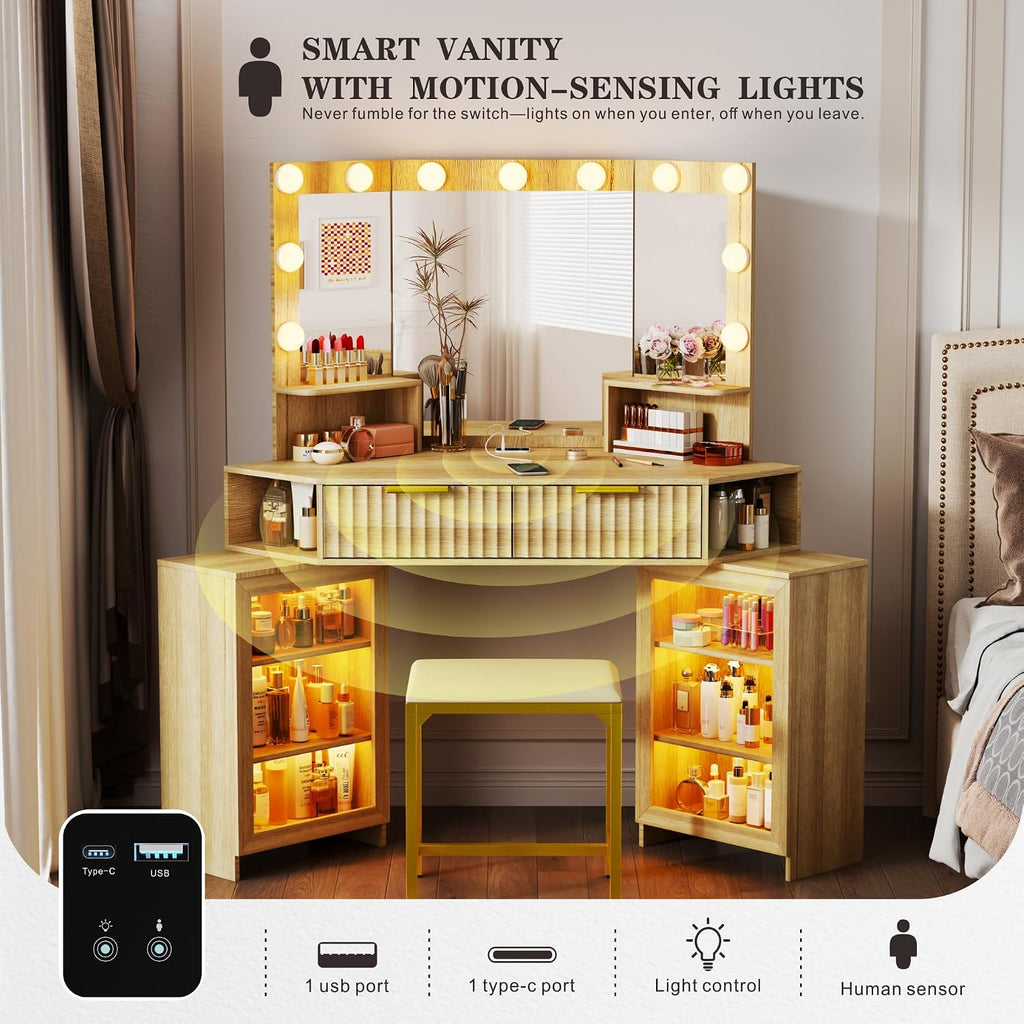 Vanity Desk with LED Lights Mirror & Power Outlet – Corner Design, Makeup Vanity Table Set with Storage Drawers & Chair, 3 Lighting Modes for Living Room/Bedroom, Ideal for Gift (Wood)