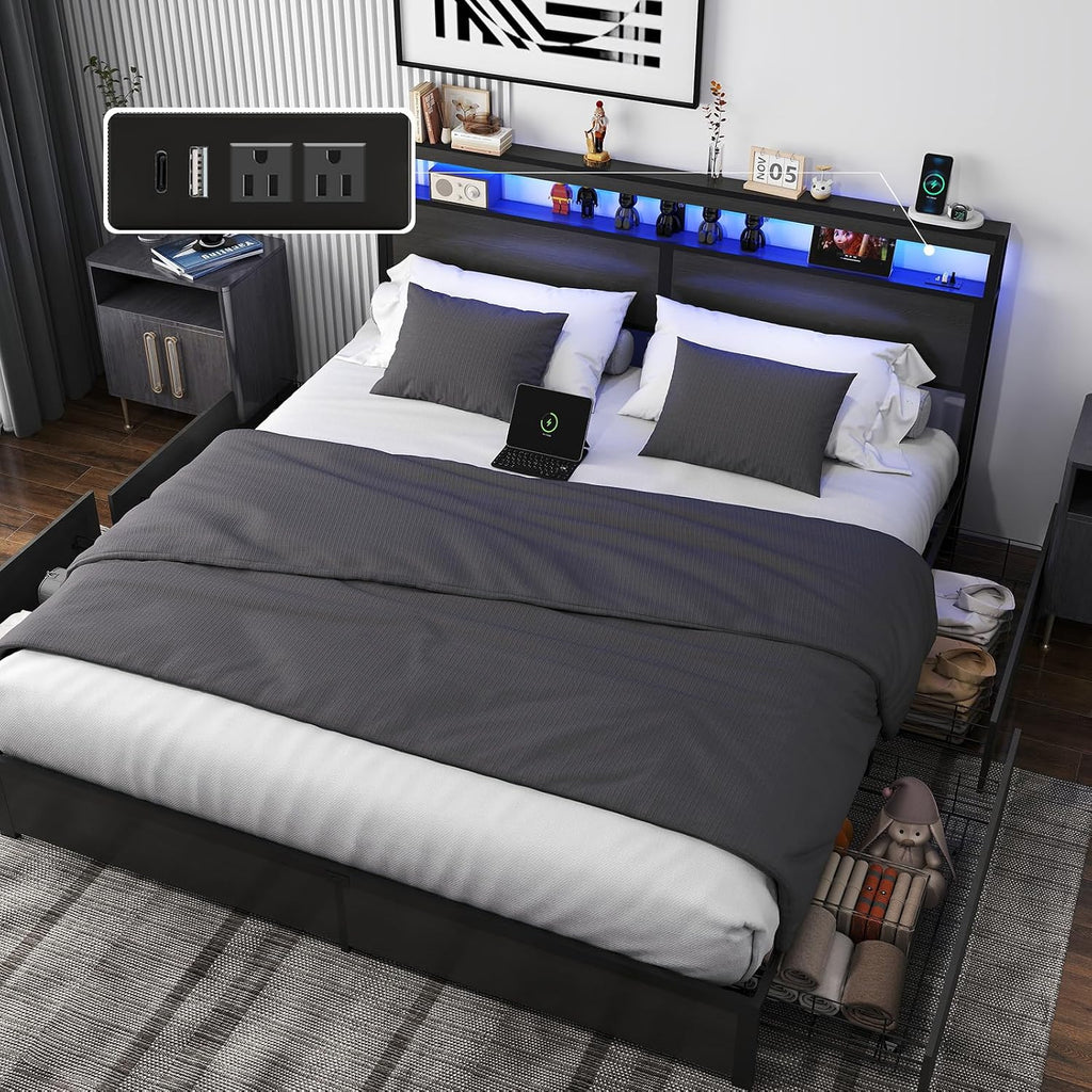 Fabulis King Bed Frame with Storage Headboard and 4 Drawers, Metal Platform Bed Frame with LED Light, Charging Station, No Box Spring Needed, Noise Free, Easy Assembly,Charcoal Grey