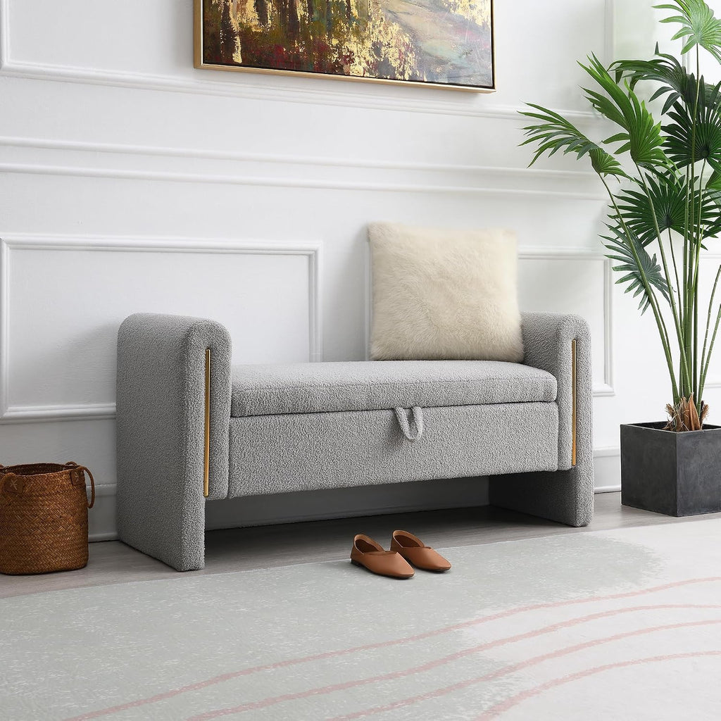 JIJIWANG Modern Bed End Bench with Arms and Storage, Upholstered Bed Bench Entryway Bench Ottoman Comfy Window Vanity Bench Footstool for Living Room,Bedroom,Grey