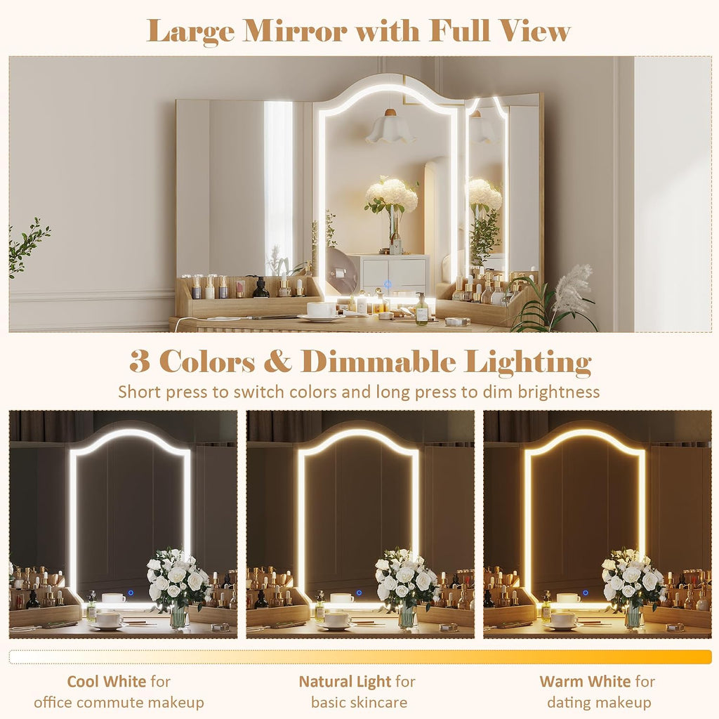 Corner Vanity Desk with 3 Way Mirror & LED Lights, Makeup Table Set with Charging Station, Storage Drawers & Side Cabinets, Modern Bedroom Dressing Table for Women & Girls Birthday Gift