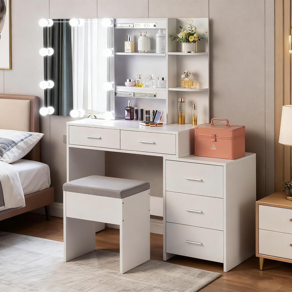 Karl home Lighted Vanity Desk with Sliding Mirror White Makeup Table with 5 Drawers, Storage Shelves, Cushioned Stool, LED Dressing Table Set for Women