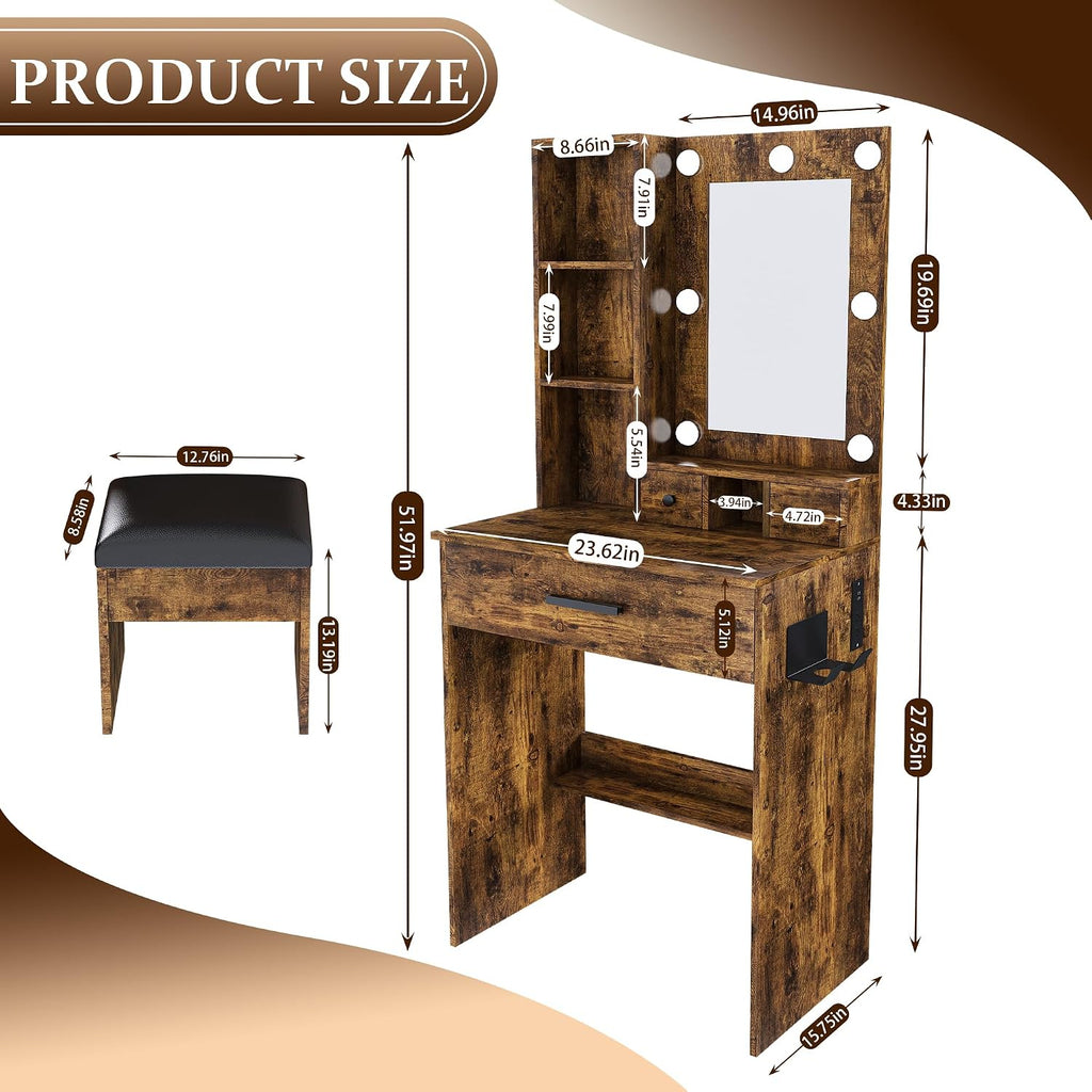 Runboll Small Vanity Desk with Mirror and Lights, Compact Makeup Vanity with Power Strip & Hairdryer Holder, Dressing Table Set with Stool, Drawers & Shelves