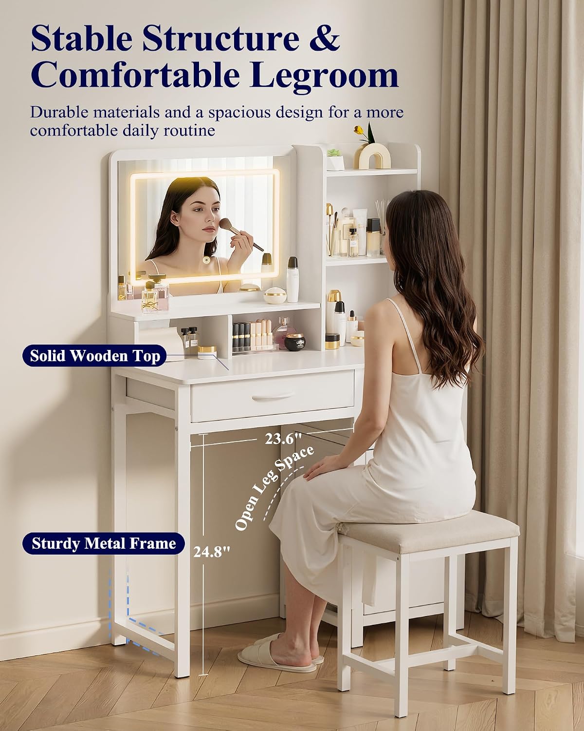 Kitsure Vanity Desk with Mirror and Lights - Large Capacity Makeup Vanity with 4 Fabric Storage Drawers & 3 Lighting Modes, Vanity Table Set with Sturdy Metal Frame for Bedroom, White, 35' x 17' x 52'