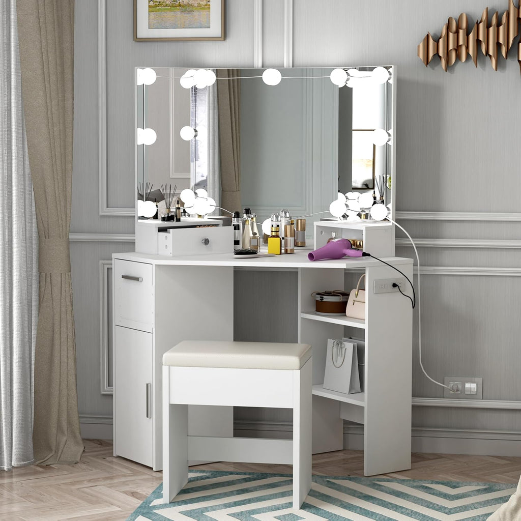 Corner Vanity Makeup Desk with Vanity Mirror, Built-in Lights, 2 Drawers, Power Outlet, Makeup Desk for Bedroom, White