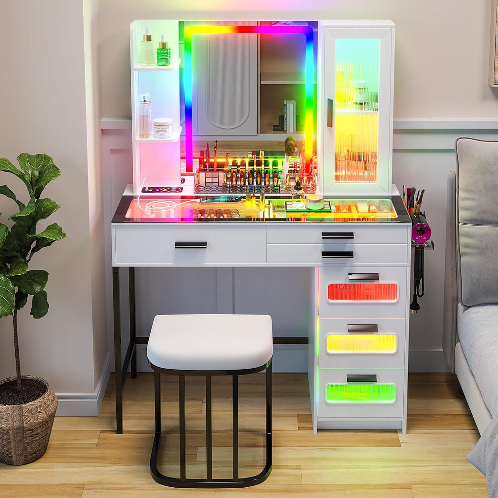 WOOVIVS Vanity with Lights for Girls- Vanities Table with LED Mirror, RGB Makeup Vanity with Wireless Charging Station, 6 Drawers Dress with Glass Top,Chair,Jewelry Organizer for Bedroom-White