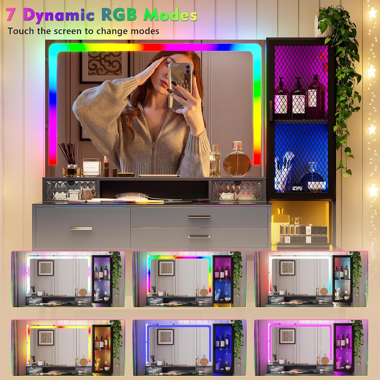 Lvifur RGB Vanity Desk - with Mirror and Lights,7 Dynamic & 24 Static Dimmable Vanity Table Set with Charging Station,Human Sensor LED Vanities w/Glass Top,6 Drawers,Stool,Grey