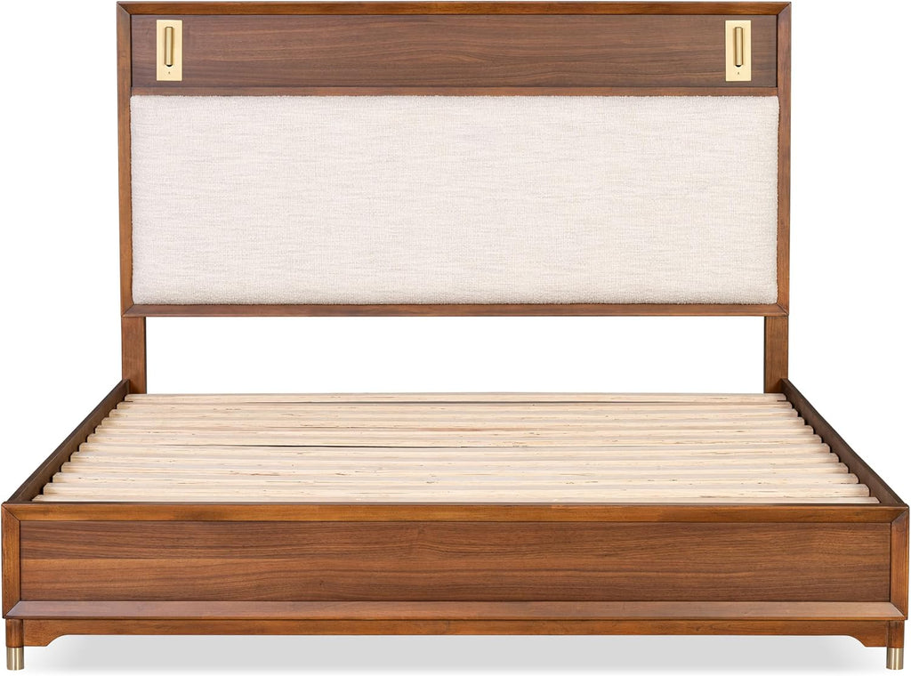Furniture of America Forma Mid-Century Modern Solid Wood 2-Piece Bedroom Collection, Upholstered Bed Frame with LED Reading Light and Nightstand with Power Ports, No Box Spring Needed, Walnut, King
