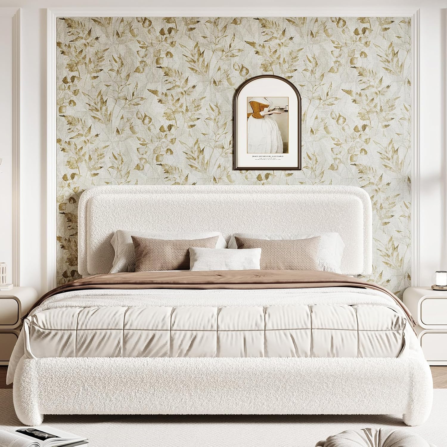 Kelway Upholstered Bed Frame Queen Size Modern Soft Boucle Bed Frame with Adjustable Heandboard, No Box Spring Needed, Easy Assembly (Beige, Queen)