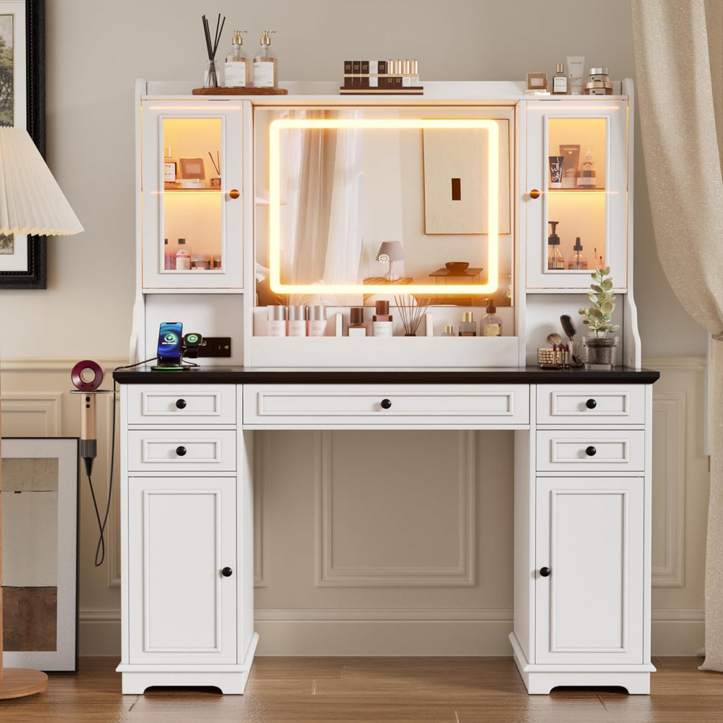 PAKASEPT Vanity Desk with Mirror and Lights, Makeup Vanity with 3 Lighting Modes& Charging Station, 5 Drawers, 4 Cabinets, Farmhouse Bedroom Vanitys for Women, Girls, Teens