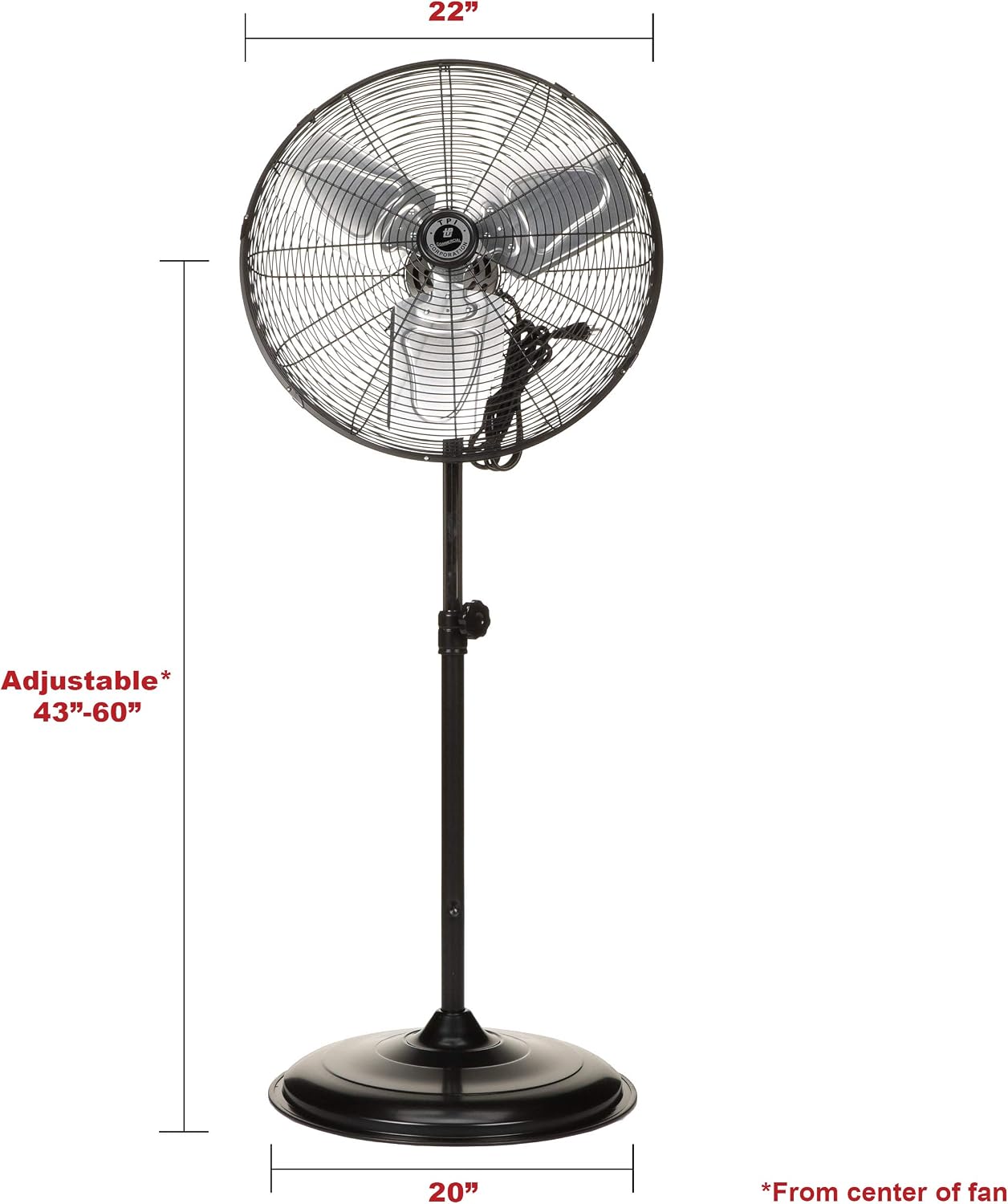 TPI Corporation CACU-20-P Air Circulator Commercial Pedestal Fan - 120v High Velocity Standing Fan for Versatile Use - Single Phase Non oscillating Aluminum Blade Fan - UL/C-UL Listed, Black