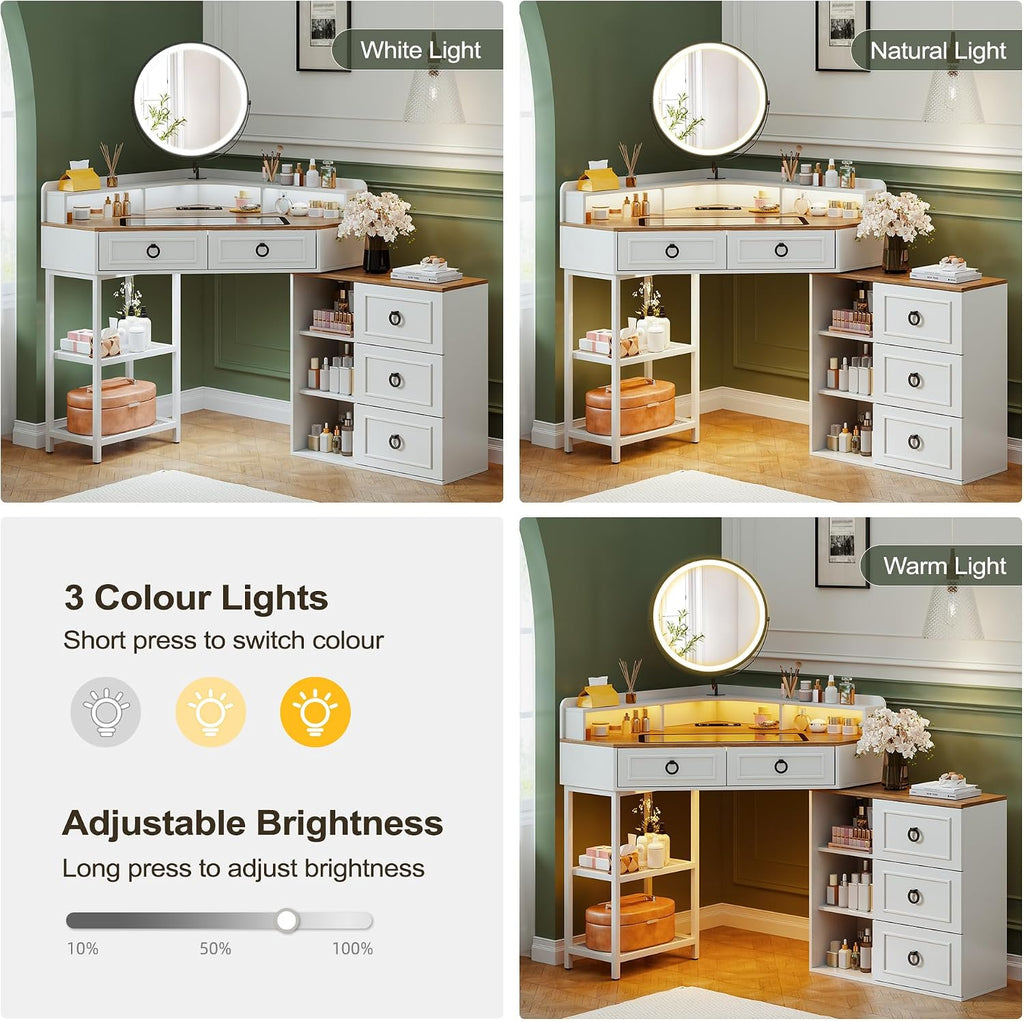 Lvifur Corner Vanity Desk with Mirror and Lights,White Corner Makeup Vanity with Charging Station, 3 Color Led Light Settings, 5 Drawers, and Open Shelves for Bedroom, Women, and Girls