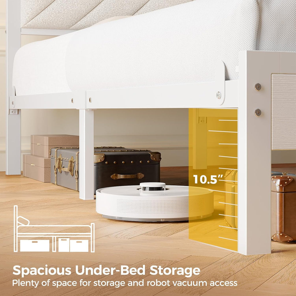Seventable Bed Frame Full Size with Charging Station, LED Bed with Upholstered Storage Headboard, Metal Platform Bed with Under Bed Storage, No Box Spring Needed, Noise Free, Easy Assembly, White