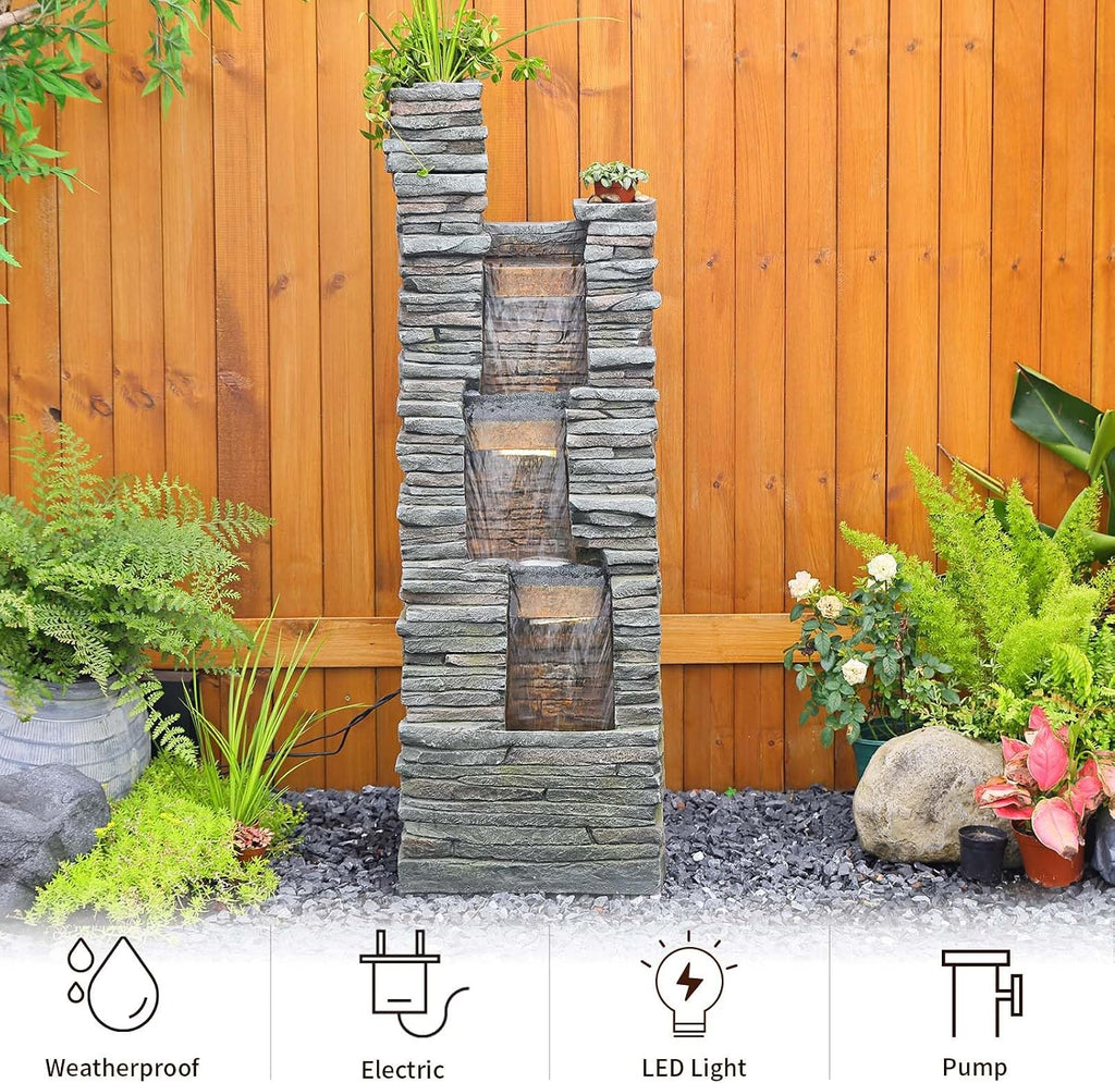 Bumilgar 47' H Garden Water Fountain Outdoor with LED Lights & Pump, 3-Tier Cascading Outdoor Fountain for Garden,Patio,Porch,Backyard,Home Art Decor (Gray)