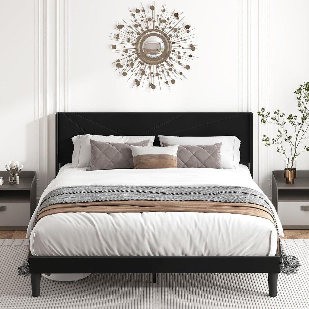 King Size Bed Frame with Upholstered Wingback Headboard, Easy Assemnly Platform Bed and Heavy Duty Wooden Slats Support, Noise-Free, No Box Spring Needed (Black, King)