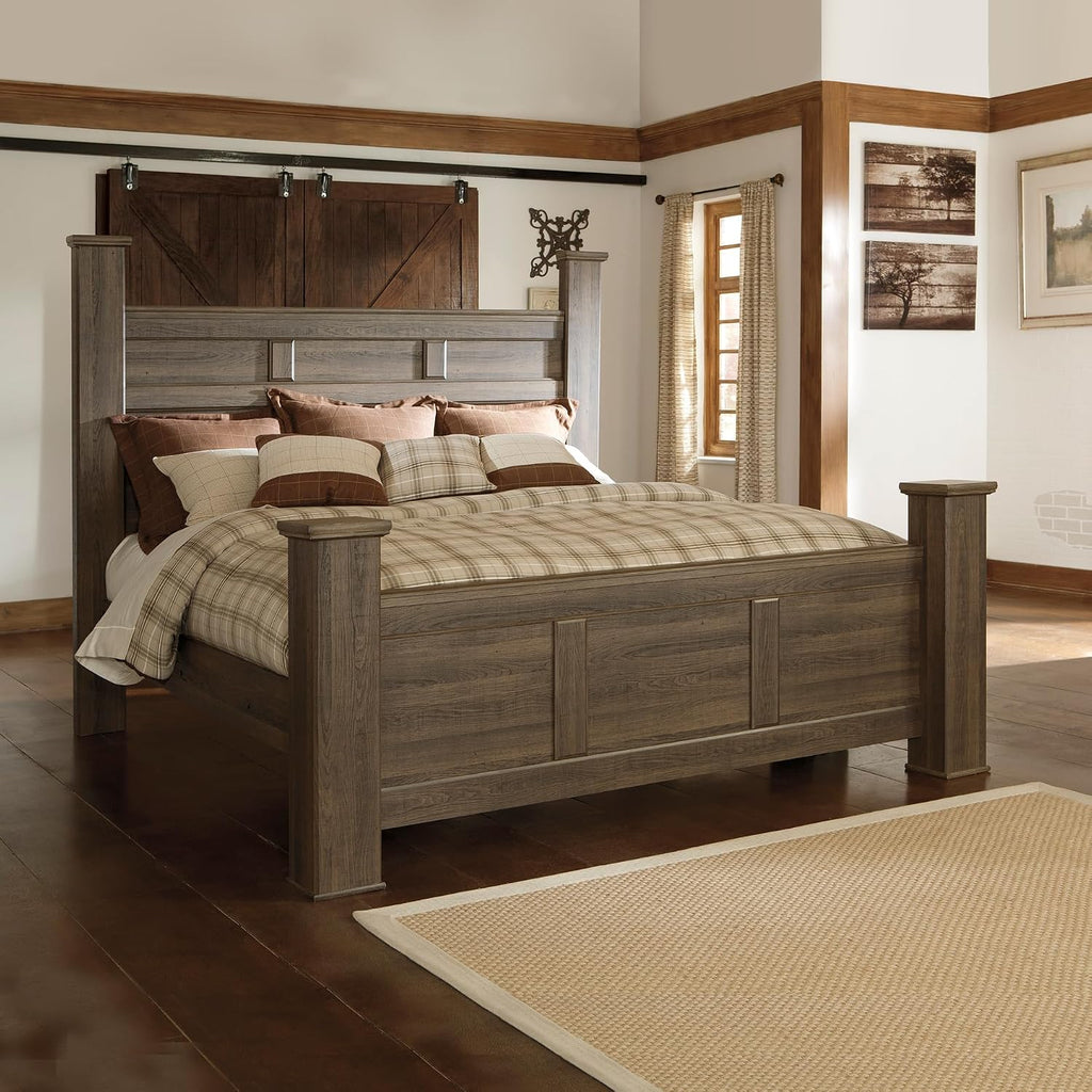 Signature Design by Ashley Juararo Casual King Poster Bed with Metal Slats, Foundation or Box Spring Needed, Dark Brown