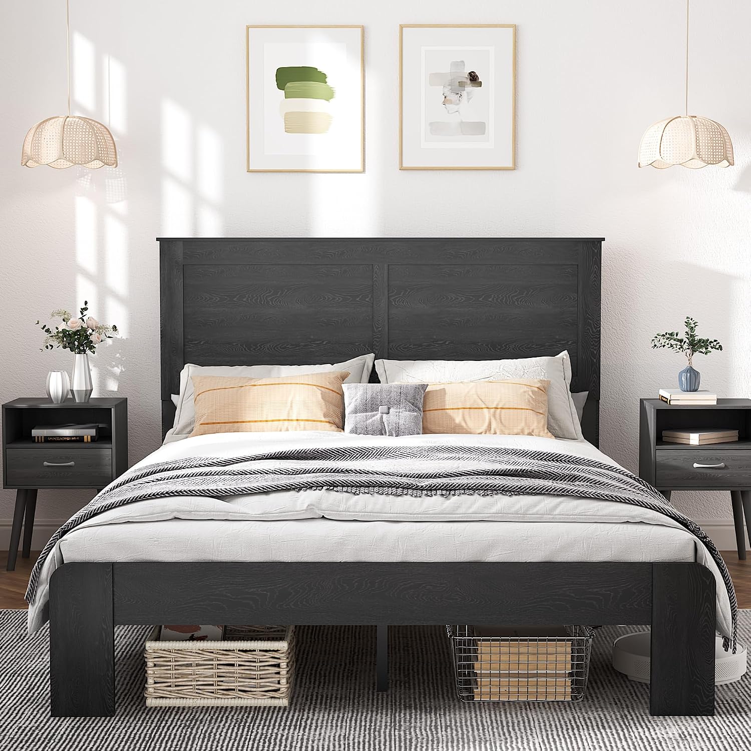 NNOOTK Queen Size Bed Frame, Vintage Platform Bed Frame with Wood Headboard and Footboard, 12 Wood Slats Support, No Box Spring Needed (Black)