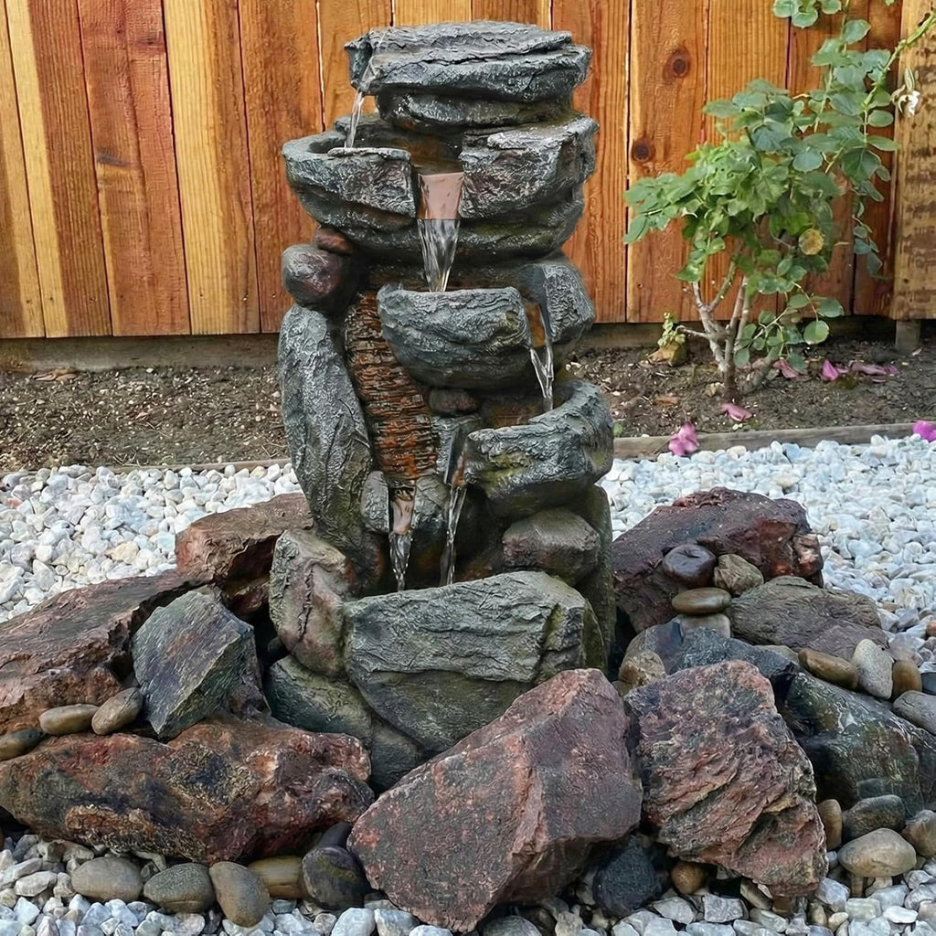 The 5-Tiered Rock Water Fountain Outdoor&Indoor, 31.5''H Floor-Standing Garden Fountains, Stone Feature and Waterfall with Lights for Patio, Backyard, Deck, Porch, Home DéCor, Gray