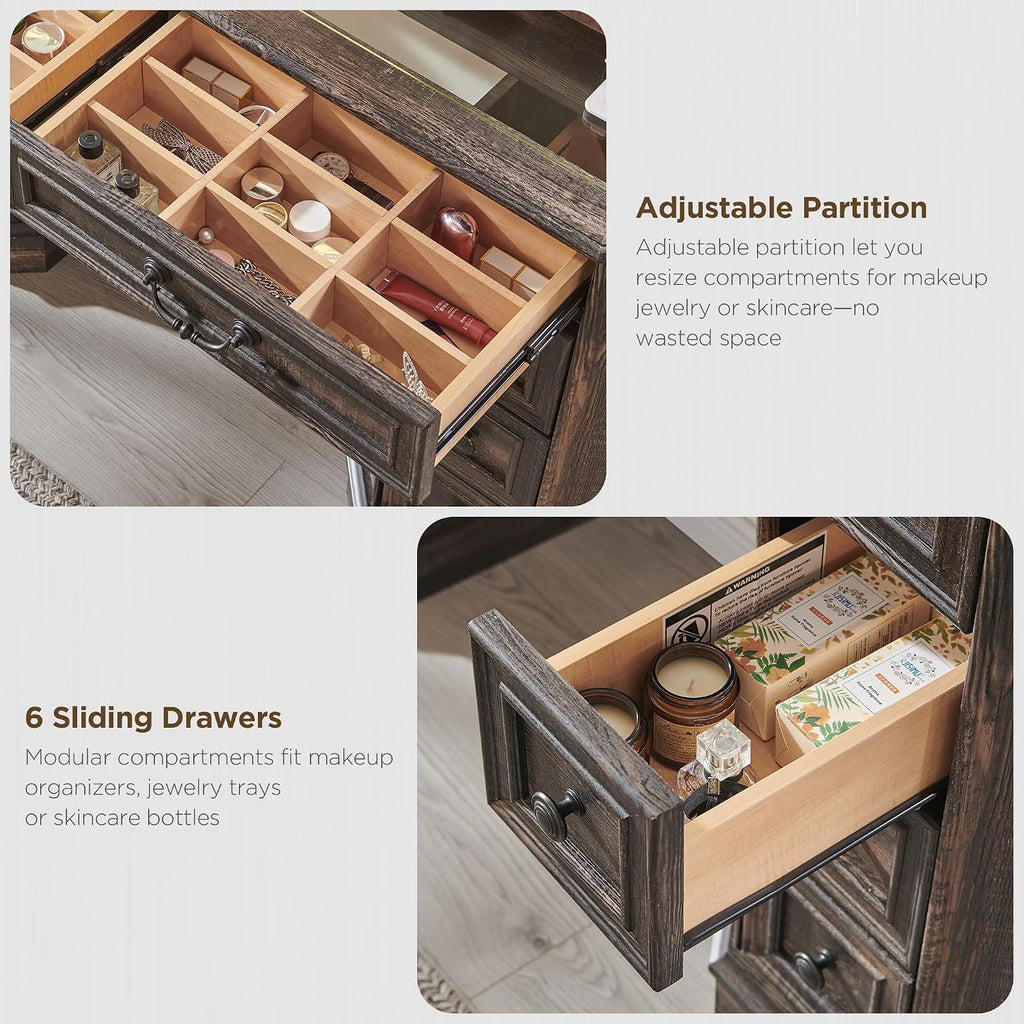 T4TREAM Makeup Vanity Desk with 48' HD Lighted Mirror, Farmhouse Vanity Table with 8 Drawers, Vanity Desk with 3 Color Modes, Dressing Table with Glass Top and Power for Bedroom(Dark Rustic Oak)
