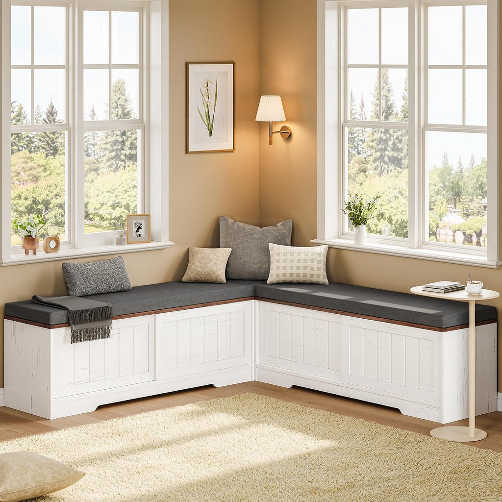 UPOSOJA Farmhouse L Shaped Corner Shoe Storage Bench with Cushion Entryway Shoe Rack with Slide Barn Doors, Adjustable Shelf and 1 Cabinet for Entryway Dining Room, Kitchen, Bedroom (White-Brown)