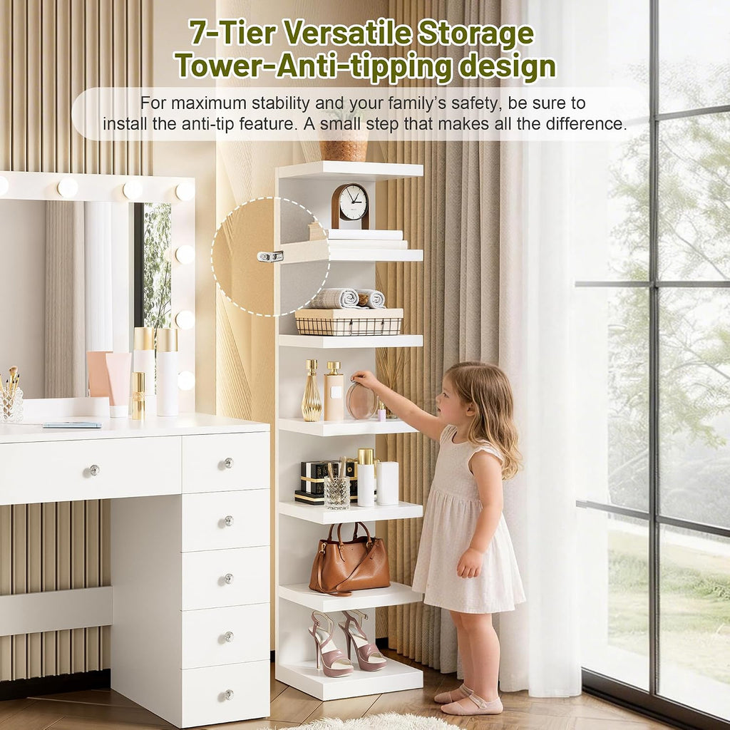 Merax 43.3' L Makeup Vanity with Mirror and Light, Extra 7-Tier Storage Shelves, White Vanity Desk Dressing Table with Power Outlet and 11 Drawers, 3 Color Light Modes for Bedroom or Dressing Room