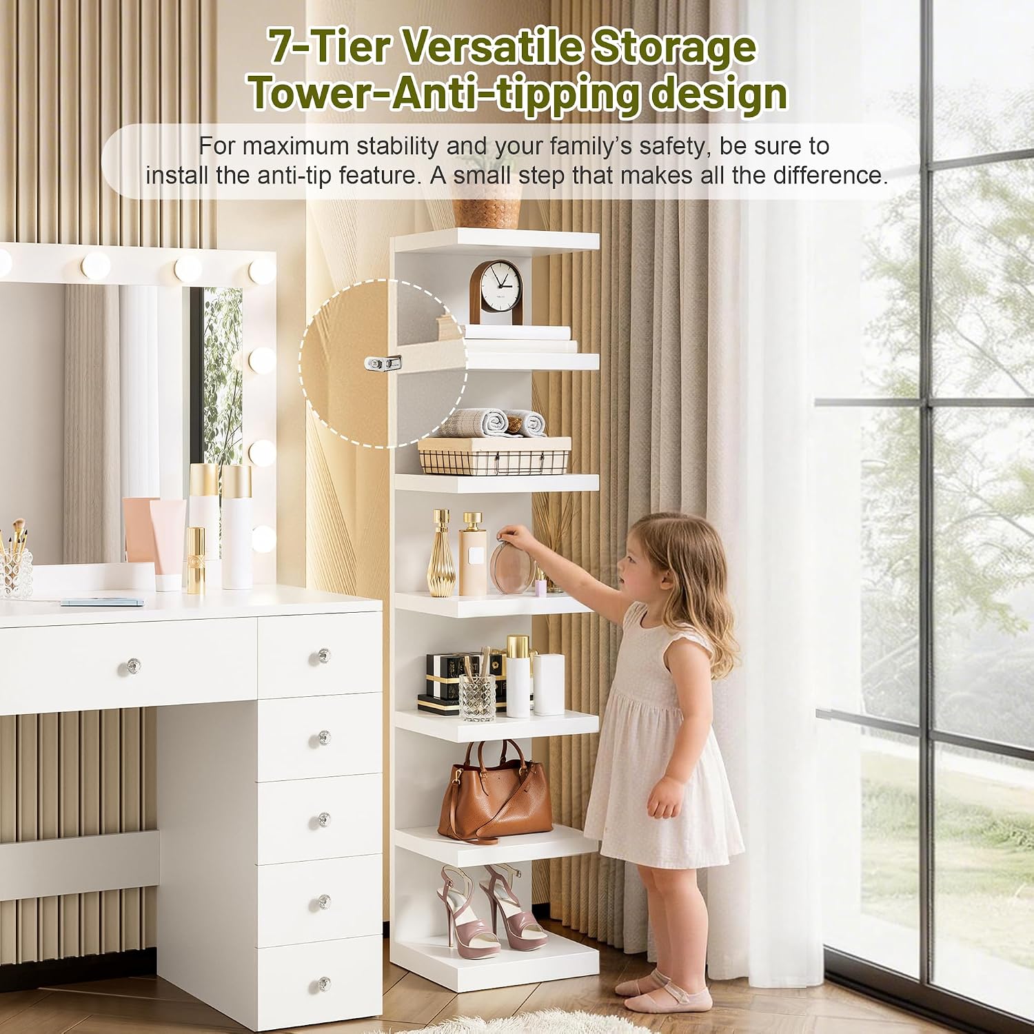 Merax 43.3' L Makeup Vanity with Mirror and Light, Extra 7-Tier Storage Shelves, White Vanity Desk Dressing Table with Power Outlet and 11 Drawers, 3 Color Light Modes for Bedroom or Dressing Room