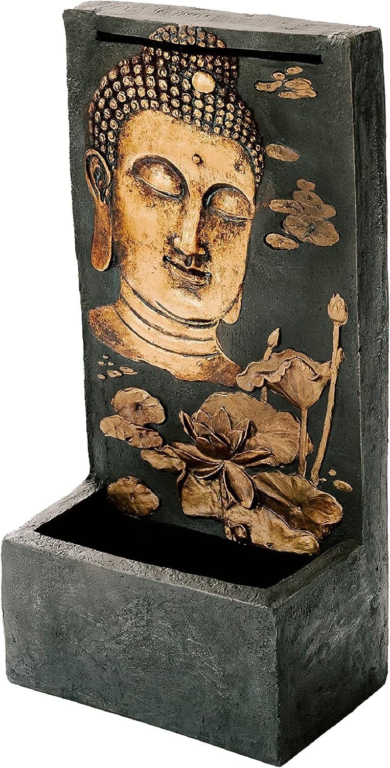 XBrand Polystone Indoor Outdoor Relaxing Zen Buddha Face Wall Water Fountain with Pump and Splash Guard, Wall-Mounted Fountains, Home Garden Patio Backyard Decor, Bronze and Natural Stone Finish