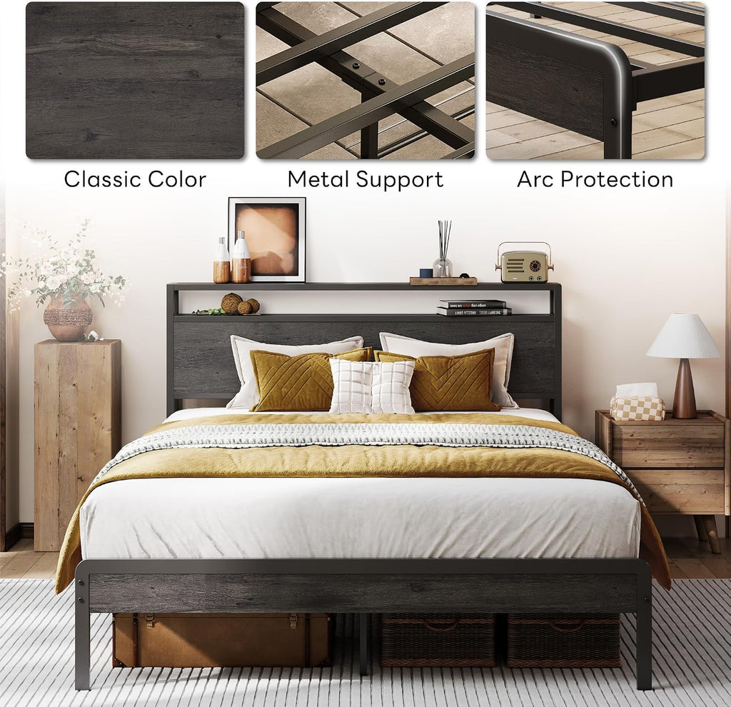 LIKIMIO Full Bed Frame with Headboard, Dark Wood Camas Full with Strong Supports, Sturdy, Noise-Free, No Box Spring Needed, Grey