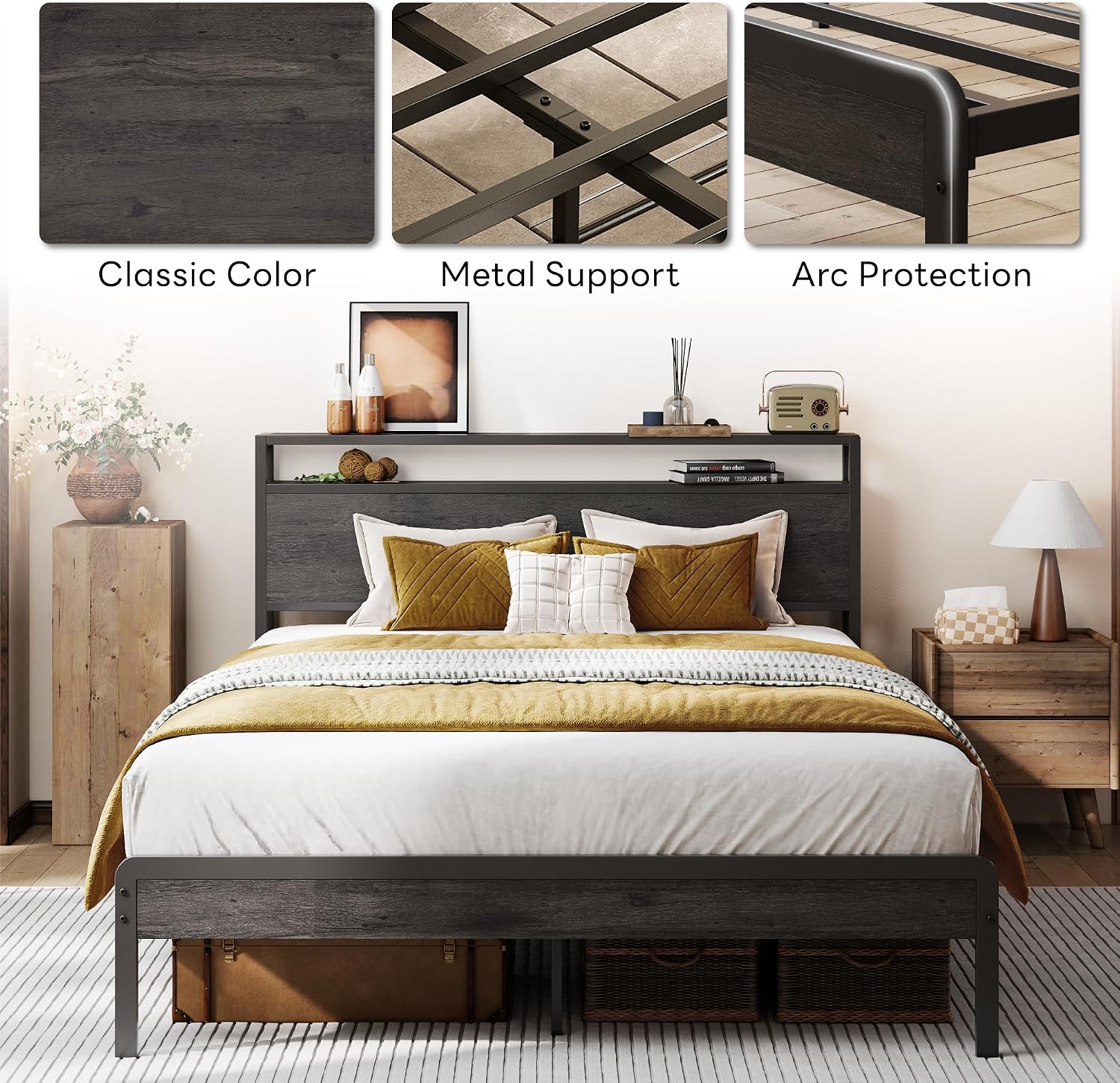 LIKIMIO Full Bed Frame with Headboard, Dark Wood Camas Full with Strong Supports, Sturdy, Noise-Free, No Box Spring Needed, Grey