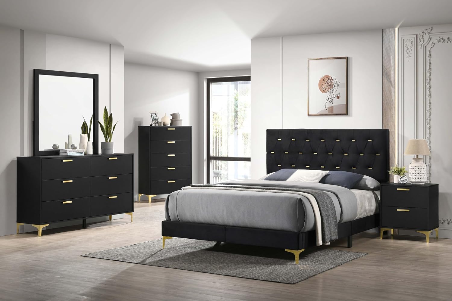 Coaster Home Furnishings Kendall 5-piece Modern Bedroom Set Queen Size Upholstered Tufted Bed Frame Velvet Upholstery Nightstand Dresser Mirror and Chest Black 224451Q-S5