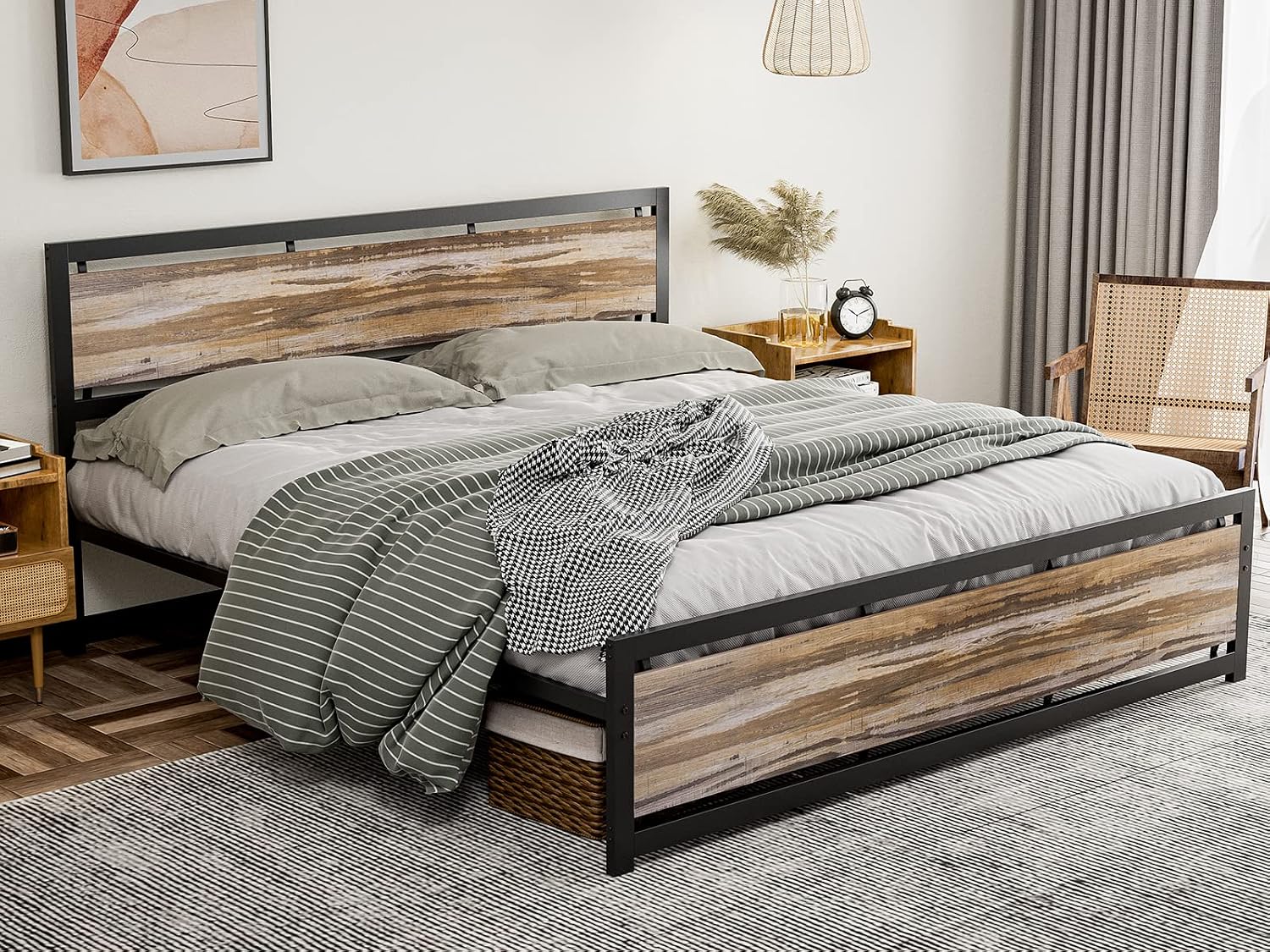 IKIFLY California King Size Metal Bed Frame/Industrial Cal King Platform Bed with Wooden Headboard Footboard/Heavy Duty Steel Slats Support/No Box Spring Needed（Cal King, Light Brown）