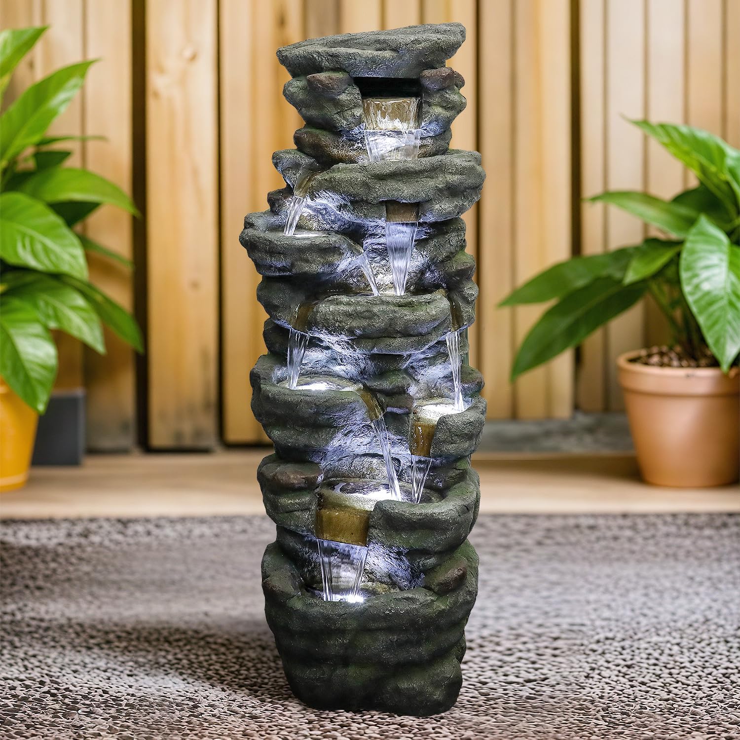 SunJet 51' High Multi-Tiers Cascading Rock Outdoor Water Fountain with LED Lights - Large Outdoor Resin Fountains and Waterfalls for Garden or Patio, Yard, Deck Decor, Featuring Natural Stone Look
