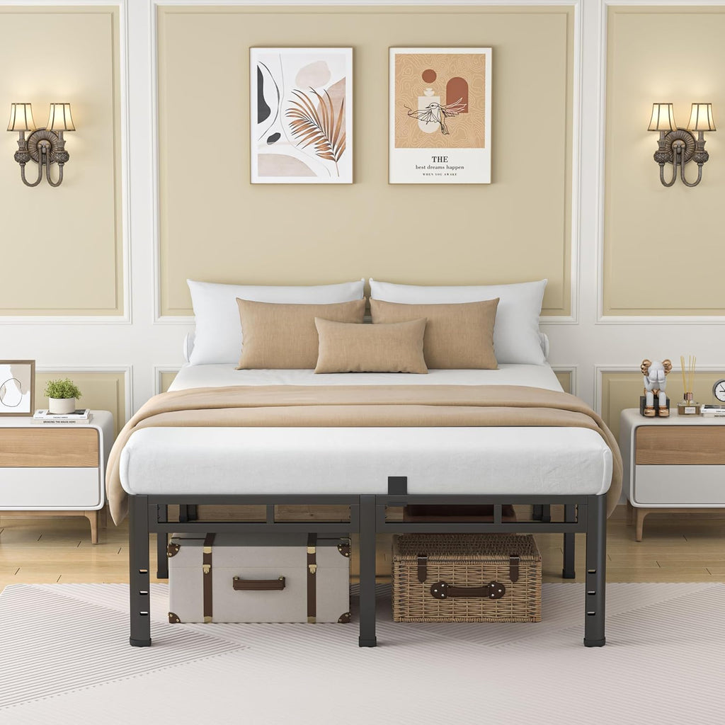 NKZ 18 Inch Queen Size Metal Bed Frame & Box Spring 2 in 1 Platform with Round Corner Legs, 4000Lbs Heavy Duty, Mattress Slide Stopper, Headboard Hole, Noise-Free, Easy Assembly