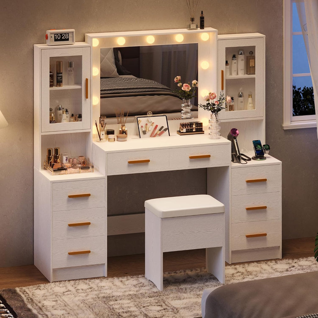 58.4' Large Makeup Vanity with Mirror, Vanity Set with Stool Lights 8 Drawers 2 Glass-Door Cabinets Power Outlet Phone Groove Vanity with Chair Makeup Vanity Desk for Bedroom Dressing Room, White